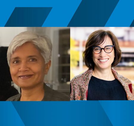 A banner that contains the headshots of Anshu Dubey, Senior Computational Scientist and R&D Leader and Lois Curfman McInnes, Senior Computational Scientist, Argonne Distinguished Fellow, and R&D Leader. Behind them is a vivid blue geometric background.