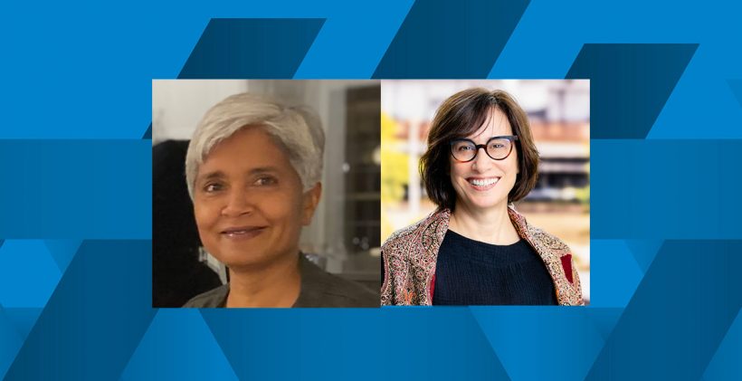 A banner that contains the headshots of Anshu Dubey, Senior Computational Scientist and R&D Leader and Lois Curfman McInnes, Senior Computational Scientist, Argonne Distinguished Fellow, and R&D Leader. Behind them is a vivid blue geometric background.