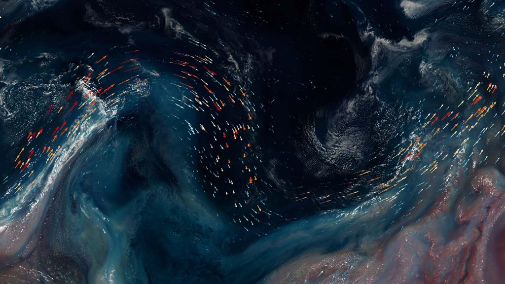 Data visualization of oceanic wind patterns and water vapor concentrations. This image presents a swirling combination of dark blues, reds, and whites, indicating variations in temperature and wind magnitude across an ocean landscape. Color gradients reflect wind speed on a scale from near-zero to high values, with red lines marking the wind vector directions. The visualization, resembling abstract art, offers a striking view of climate dynamics.