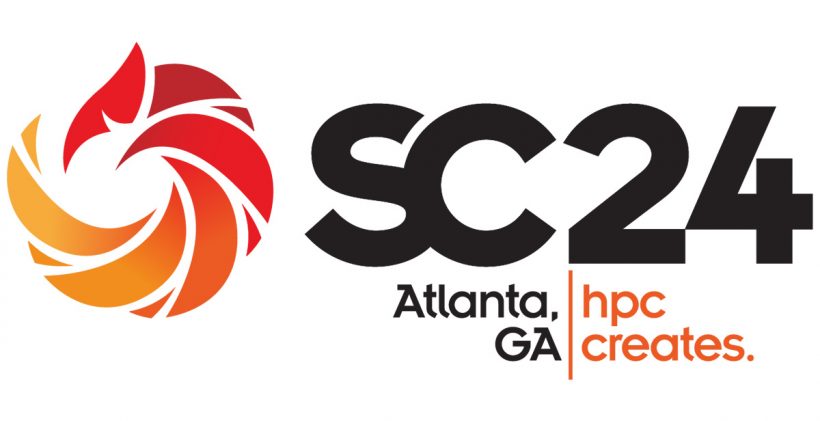 The logo for SC24 features a stylized red and orange flame-like swirl next to bold black text reading "SC24" with "Atlanta, GA" below, and the phrase "hpc creates." in orange.